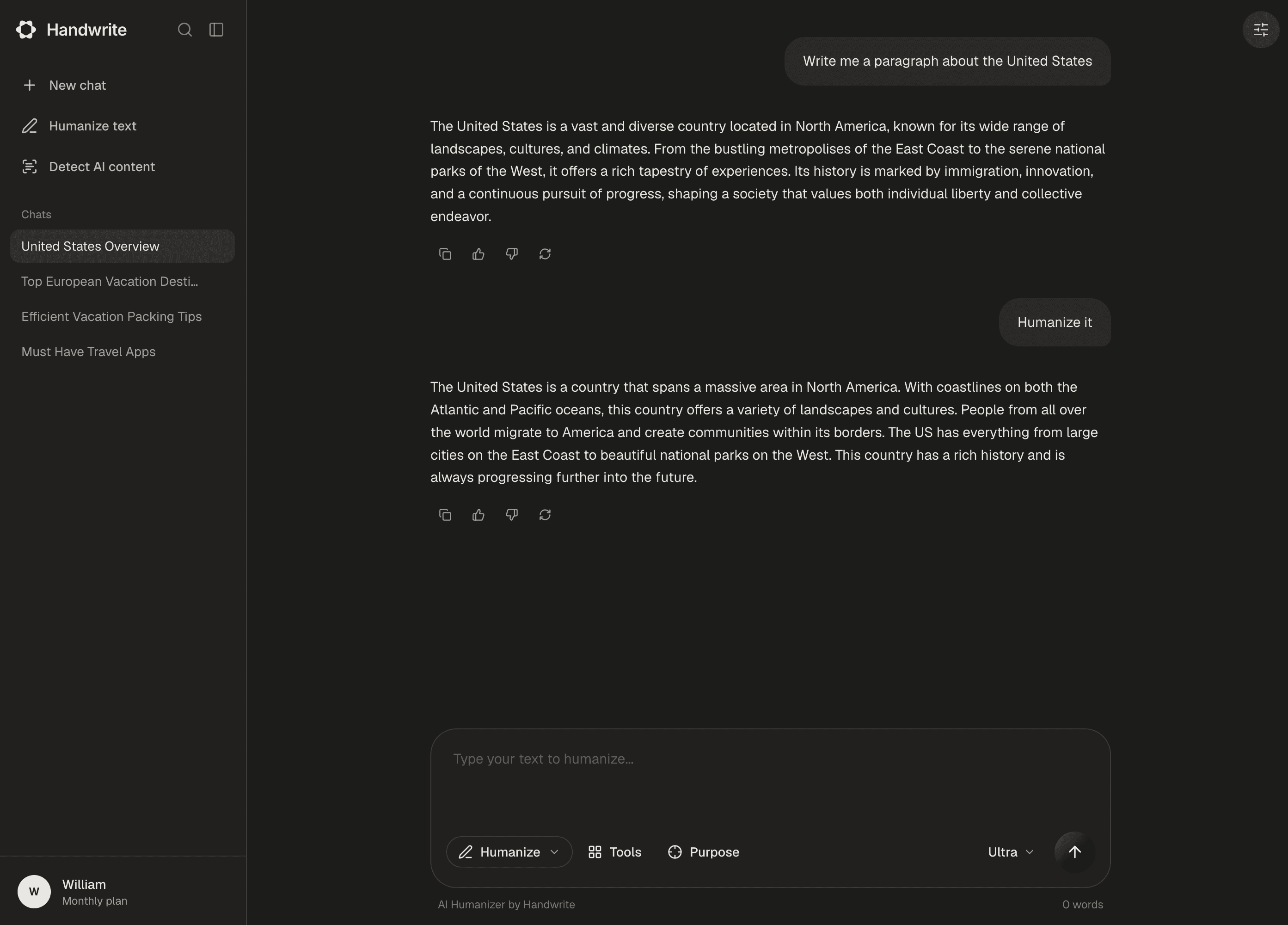 The Handwrite dashboard humanizing a paragraph