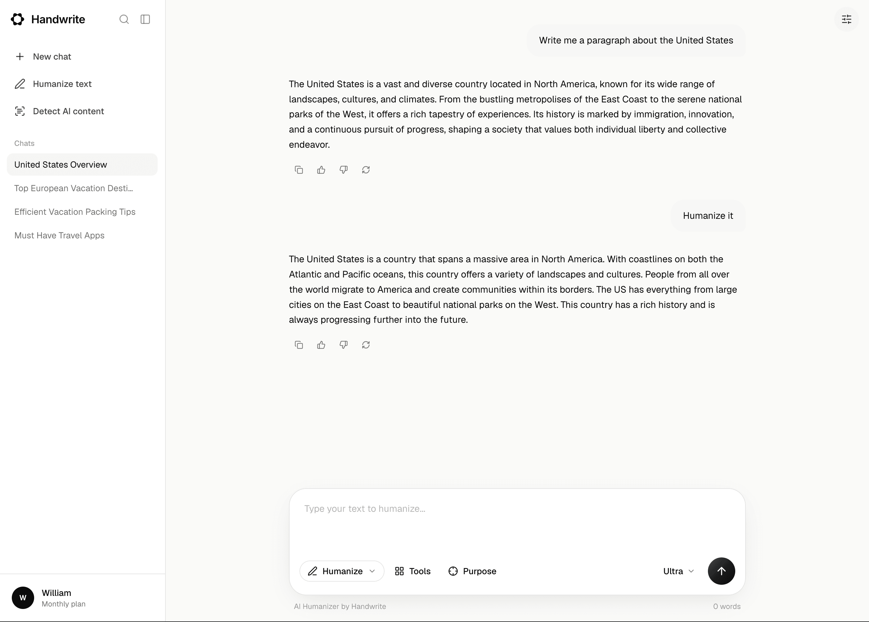 The Handwrite dashboard humanizing a paragraph